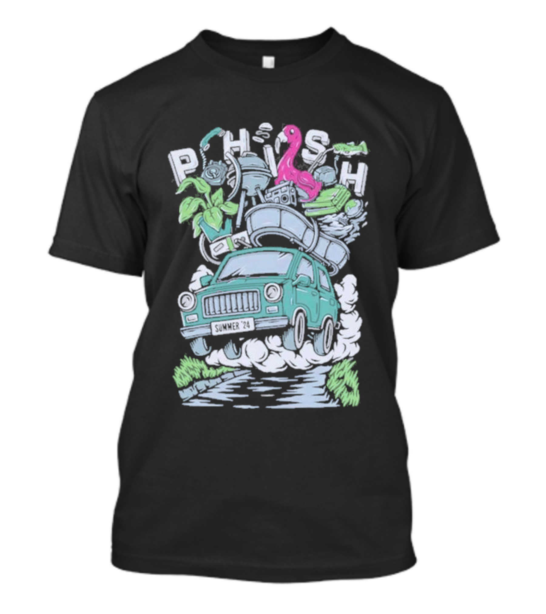 Phish Summer 24 Impossible Road Trip Van With Flamingo And Floating Gear T-Shirt