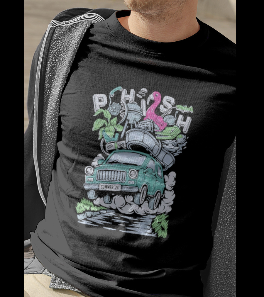 Phish Summer 24 Impossible Road Trip Van With Flamingo And Floating Gear T-Shirt