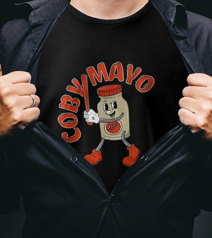 Coby Mayo Cartoon Baseball Jar With Red Letters And Bat T-Shirt