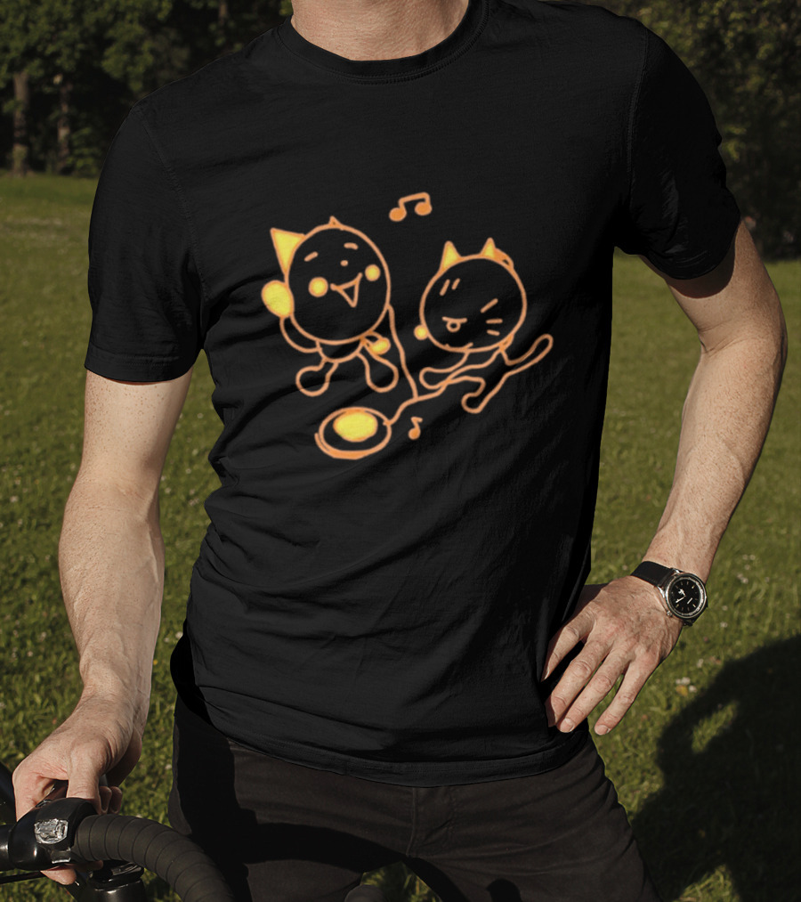 Pixlotl Cat Characters With Music Notes And CD Player T-Shirt