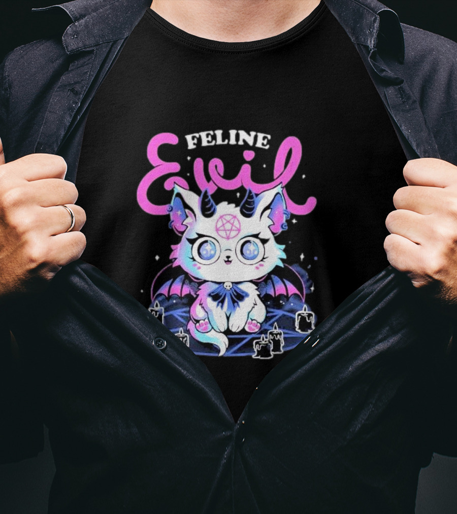 Feline Evil Cute Devil Cat With Pentagram And Bat Wings T-Shirt
