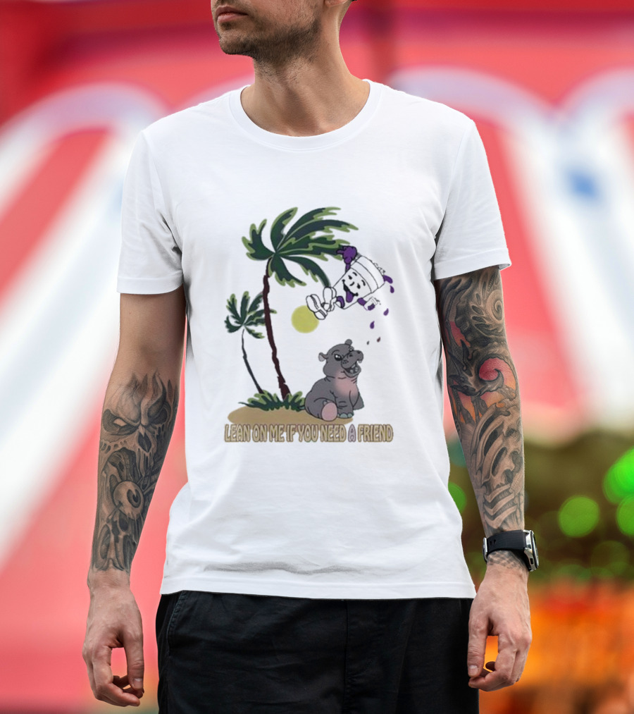 Grapejuiceboys Lean On Me If You Need A Friend Moo Deng Palm Tree Tropical Scene T-Shirt