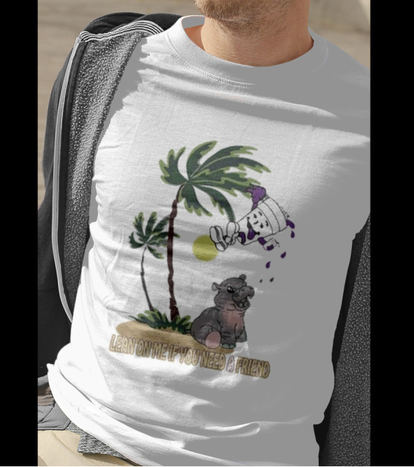 Grapejuiceboys Lean On Me If You Need A Friend Moo Deng Palm Tree Tropical Scene T-Shirt