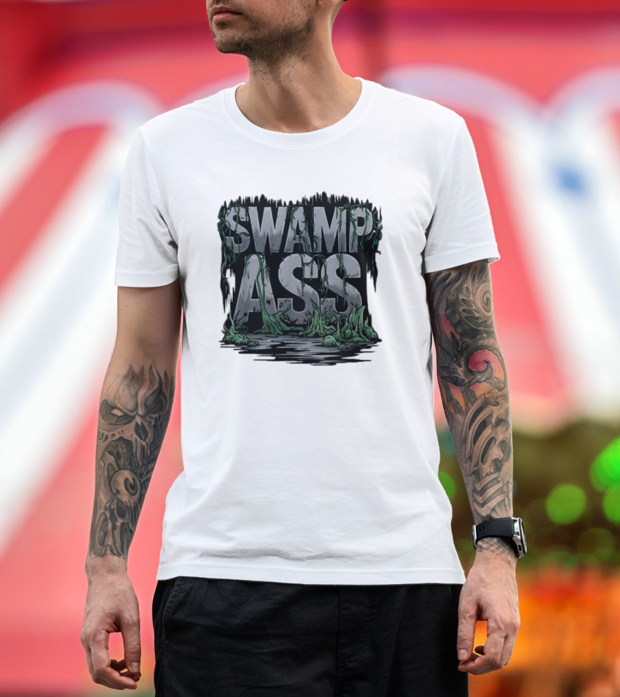 SWAMP ASS Moss-Covered Letters with Water and Grass T-Shirt