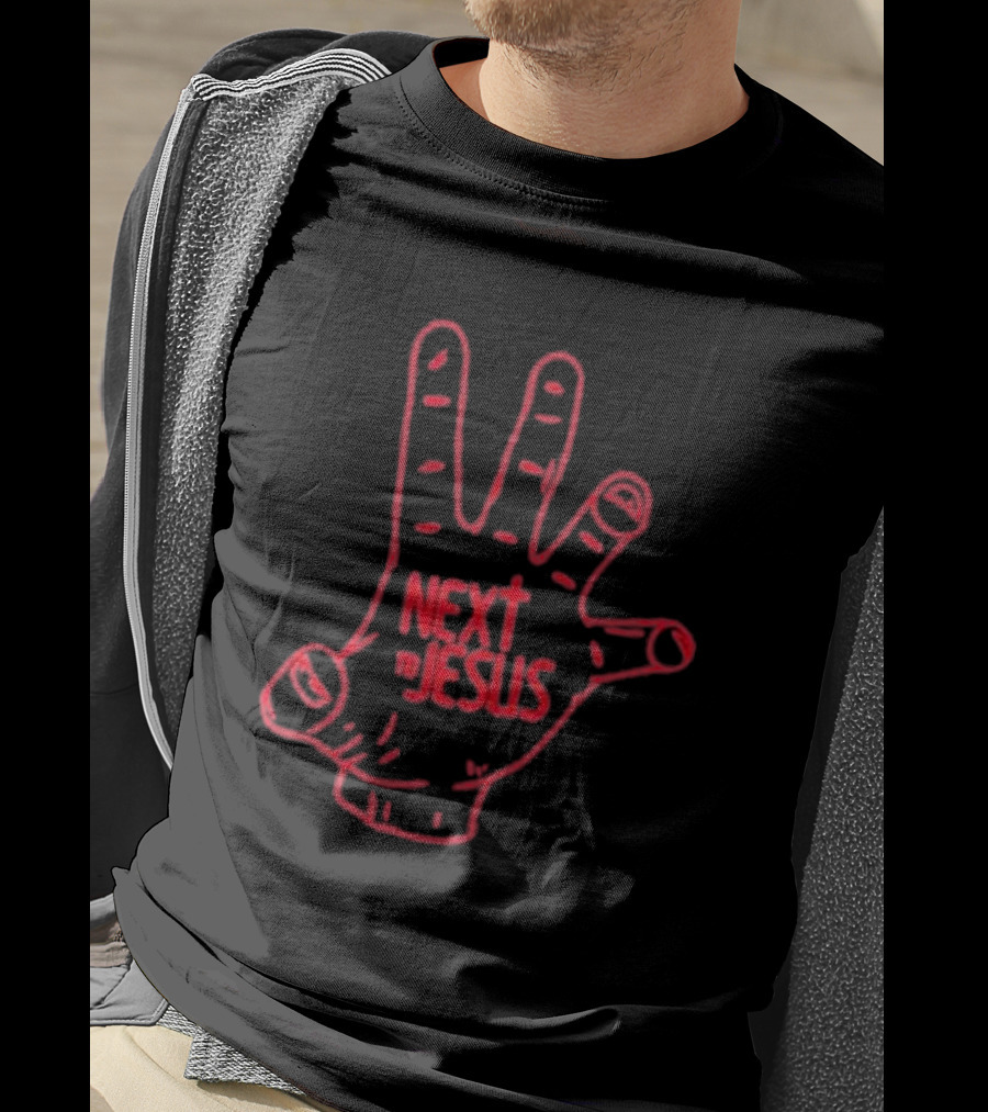 Next To Jesus Hand Neon Red Outline T-Shirt