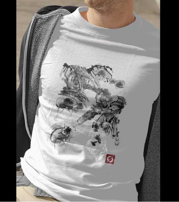 Attack Of The Space Pirates Sumi-E Style Metroid Battle Scene T-Shirt