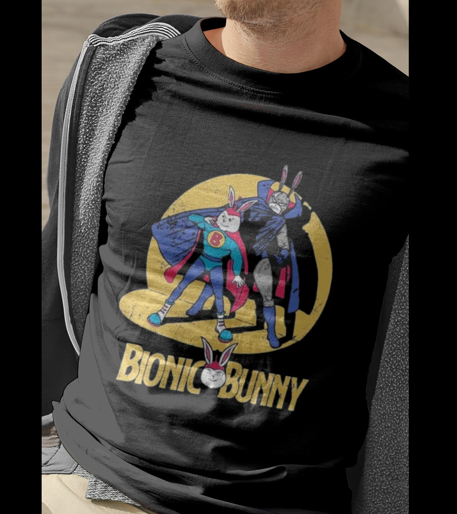 Bionic Bunny Superhero Duo With Colorful Cape And Moon Background T-Shirt