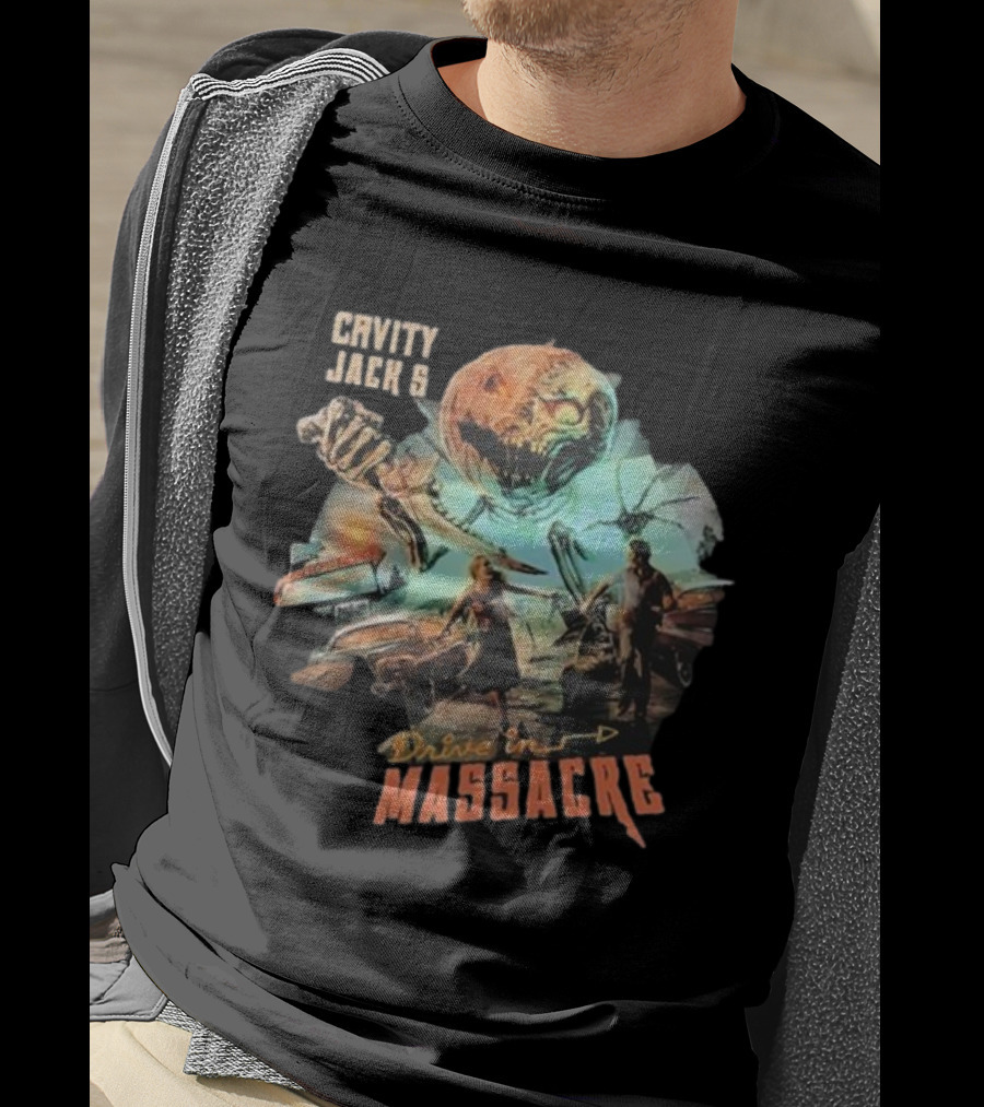 Cavity Jack's Drive In Massacre Giant Pumpkin Horror Scene T-Shirt
