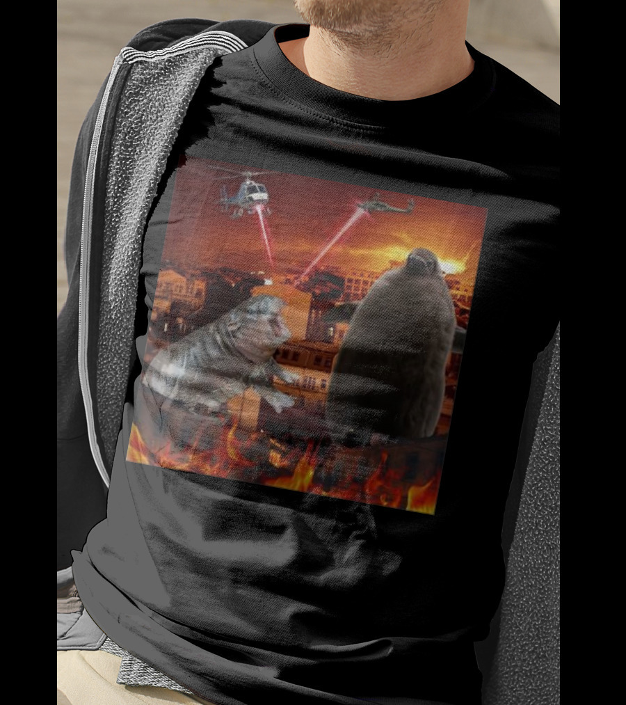 Moo Deng And Pesto Battle Urban Showdown With Helicopters And Laser Beams T-Shirt