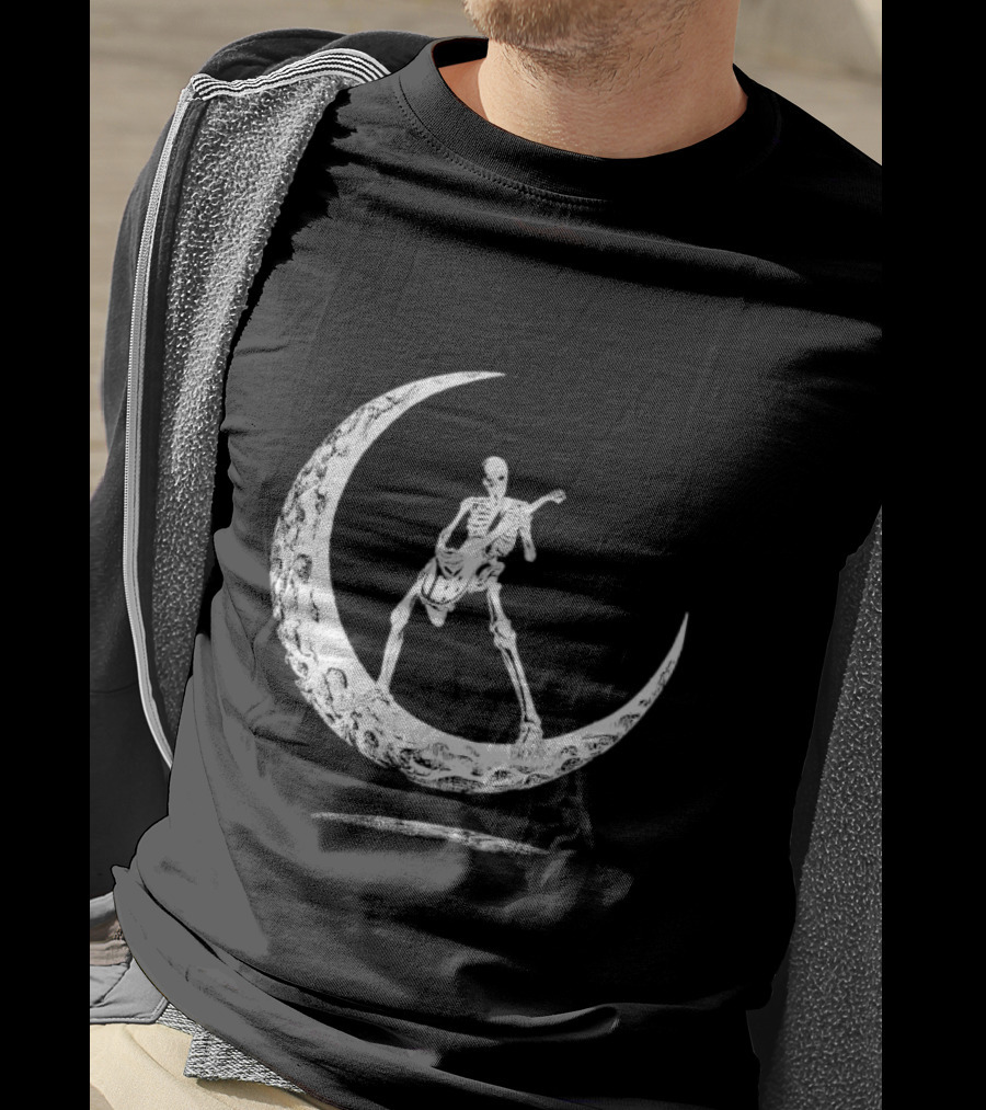 Skeleton Playing Guitar On Crescent Moon Rock And Roll Band T-Shirt