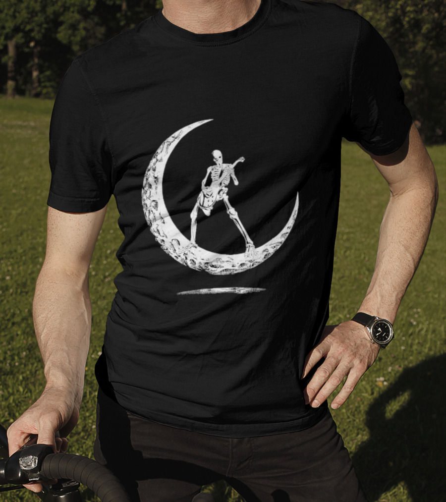 Skeleton Playing Guitar On Crescent Moon Rock And Roll Band T-Shirt
