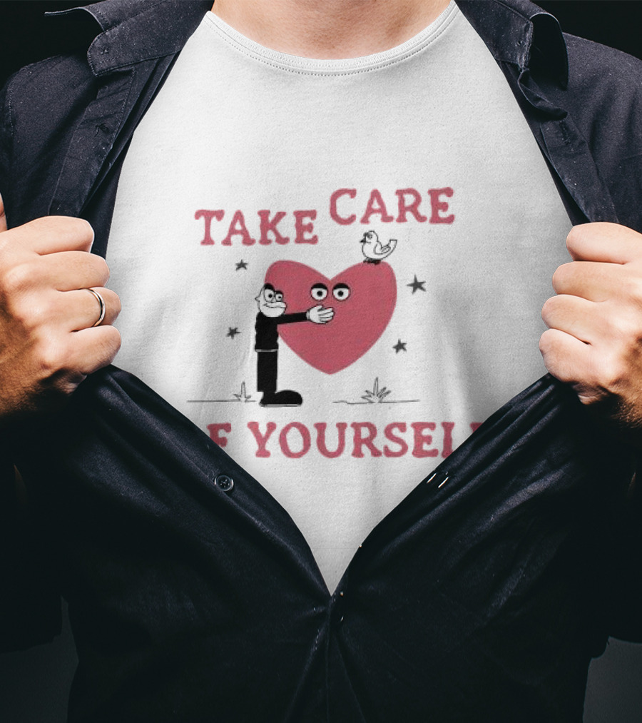 Take Care Of Yourself Heart With Cartoon Character And Bird T-Shirt