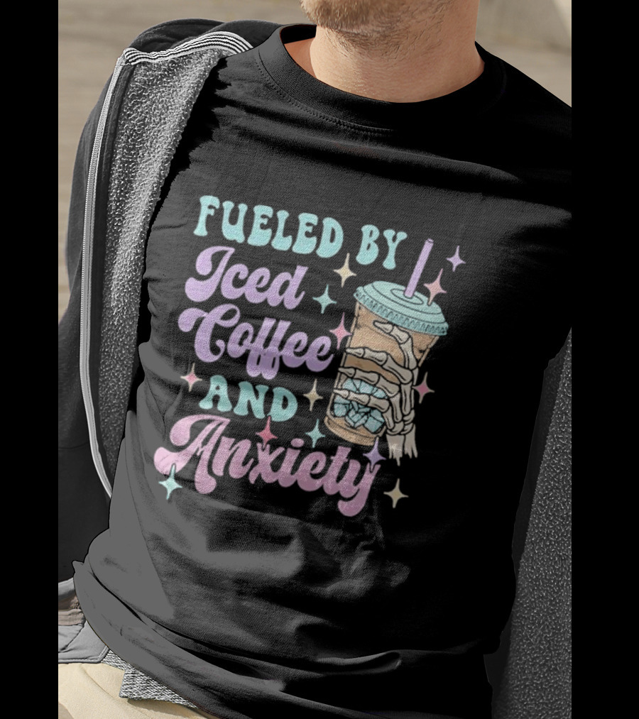 Fueled By Iced Coffee And Anxiety Skeleton Hand Pastel Aesthetic T-Shirt