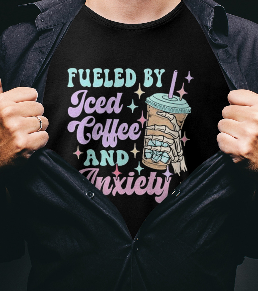 Fueled By Iced Coffee And Anxiety Skeleton Hand Pastel Aesthetic T-Shirt