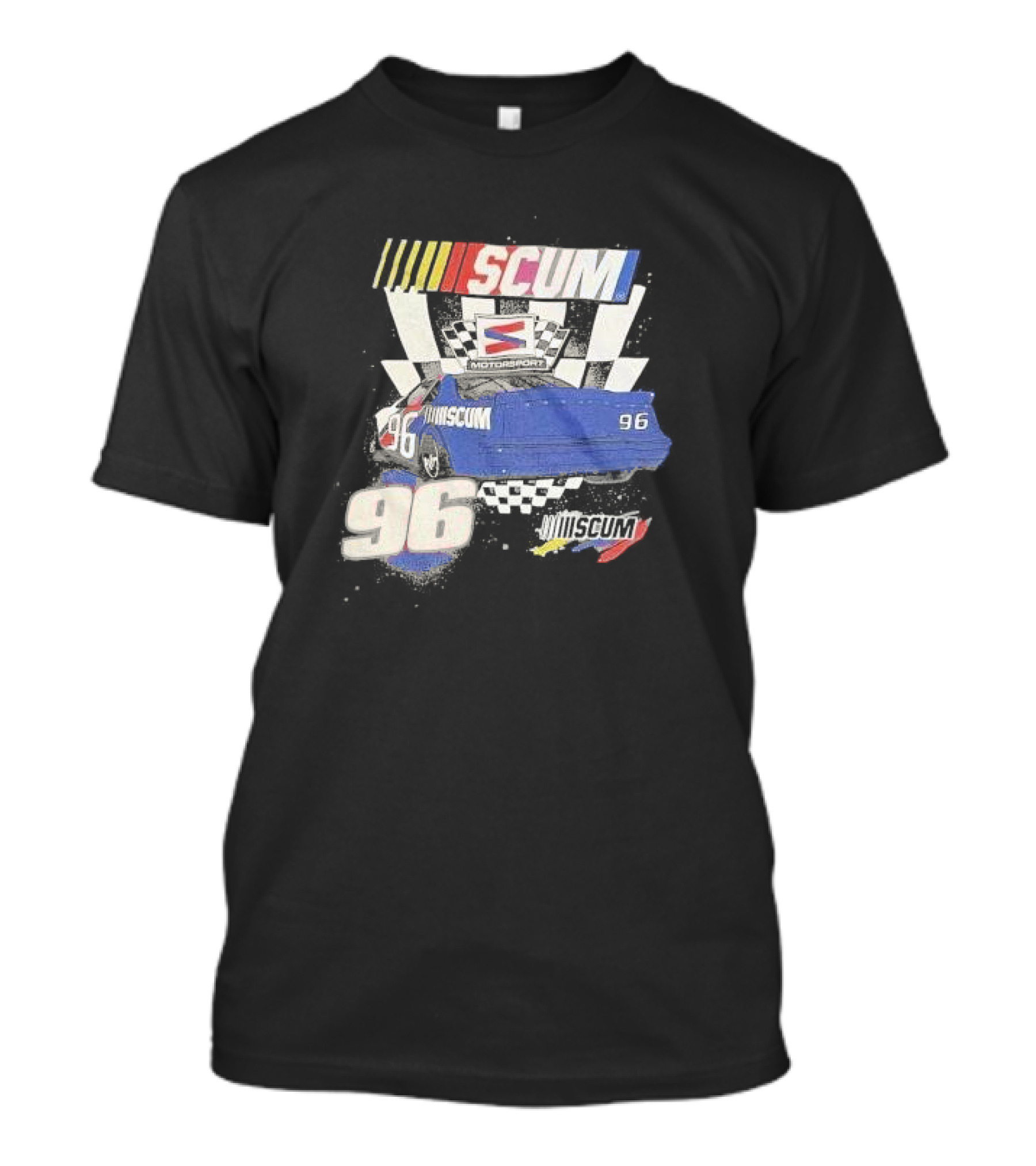 SCUM Motorsports Racing 96 Checkered Flag Car Print T-Shirt