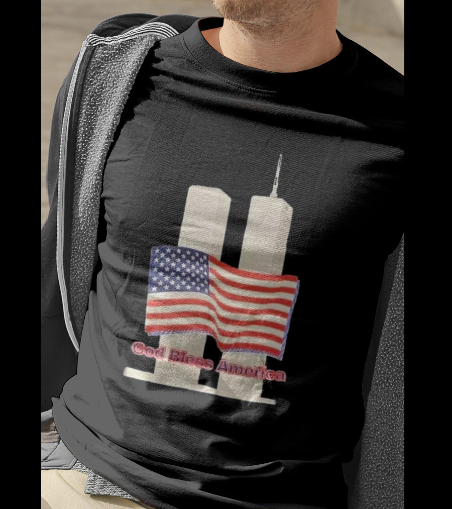 Vtg 9 11 Twin Towers God Bless America Flag T-Shirt