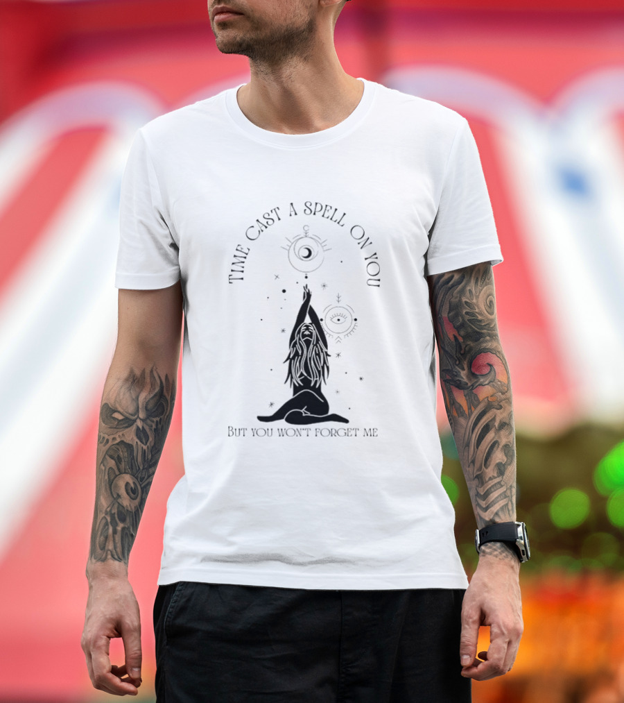 Time Cast A Spell On You But You Won’t Forget Me Mystical Yoga Pose with Celestial Symbols T-Shirt
