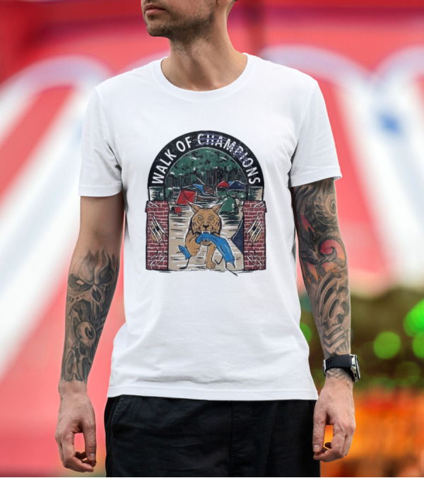Premium T-Shirt: Walk of Champions Wildcat with Tents and Forest Archway Scene T-Shirt Walk of Champions Wildcat with Tents and Forest Archway Scene T-Shirt
