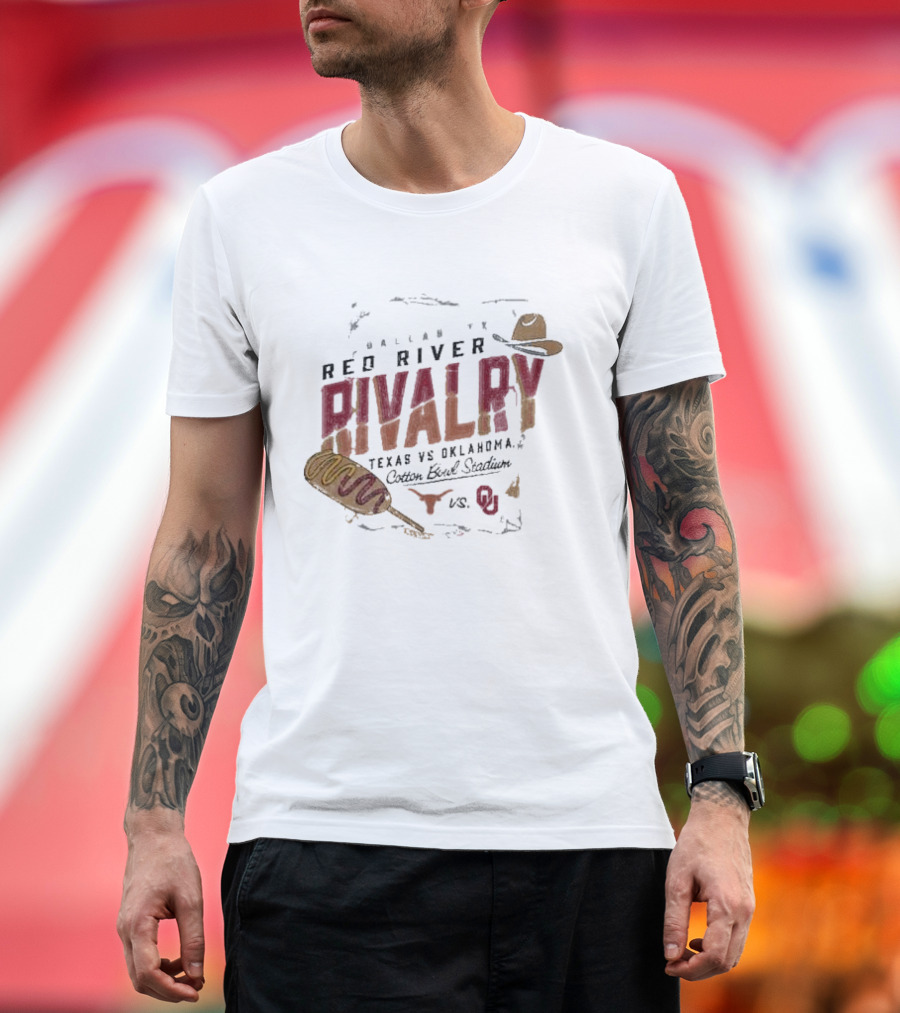 Red River Rivalry Texas Longhorns vs. Oklahoma Sooners Corn Dog Dallas Cotton Bowl Stadium T-Shirt