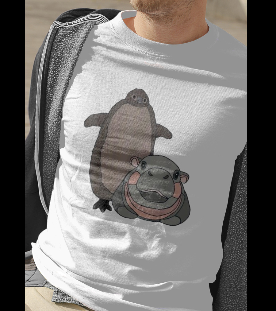 Pesto The Penguin And Moo Deng The Baby Hippo Cartoon Characters T-Shirt
