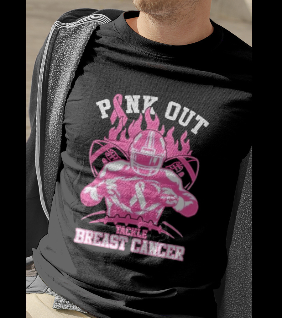 Pink Out Tackle Breast Cancer Awareness Football Player Ribbon Flames T-Shirt