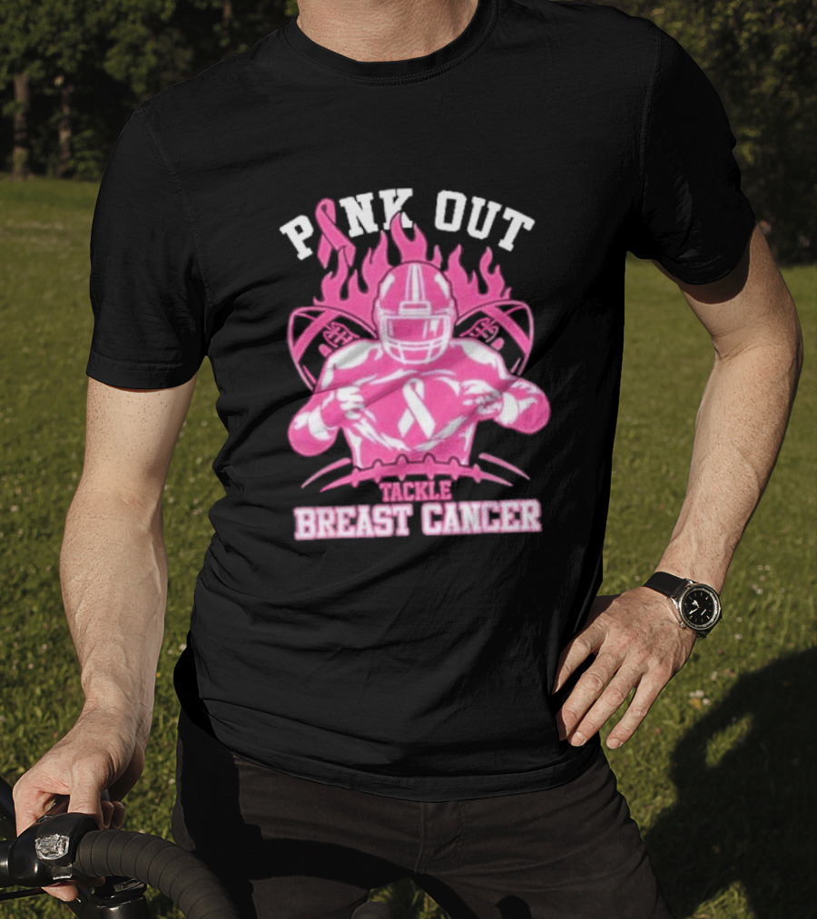 Pink Out Tackle Breast Cancer Awareness Football Player Ribbon Flames T-Shirt