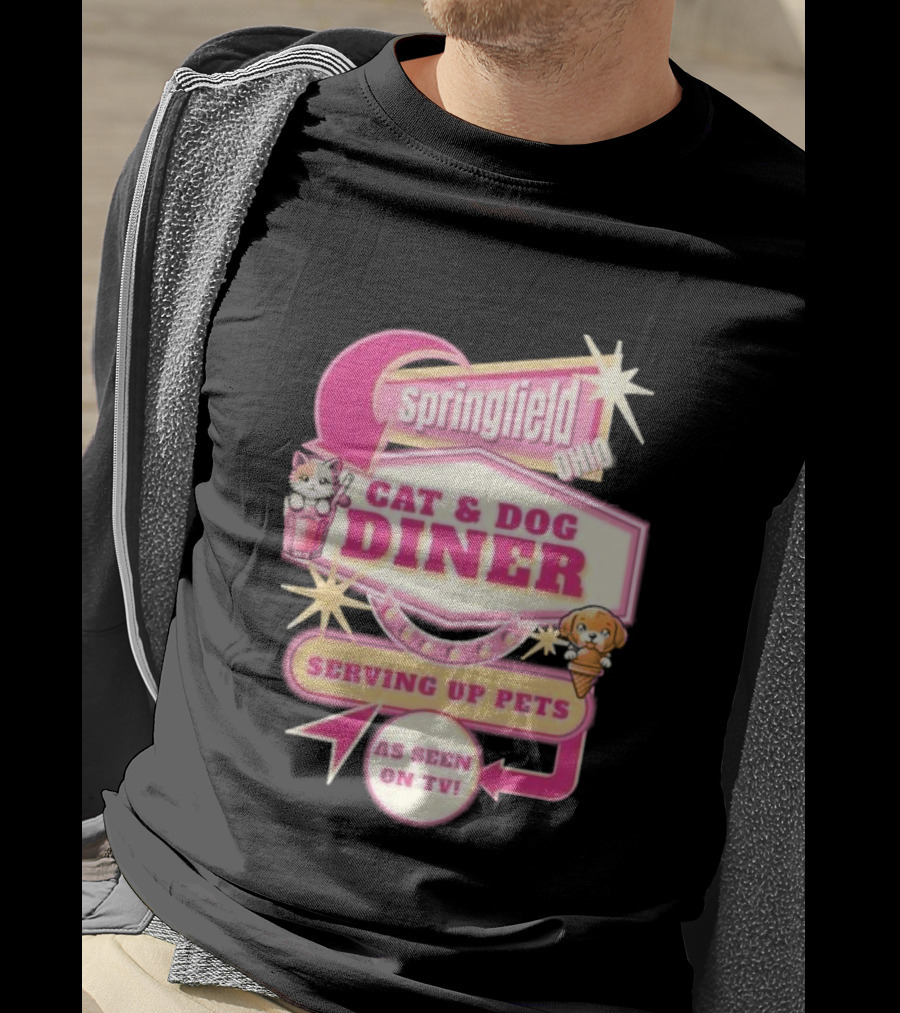 Springfield Cat And Dog Diner Serving Up Pets As Seen On TV Retro Neon Sign T-Shirt