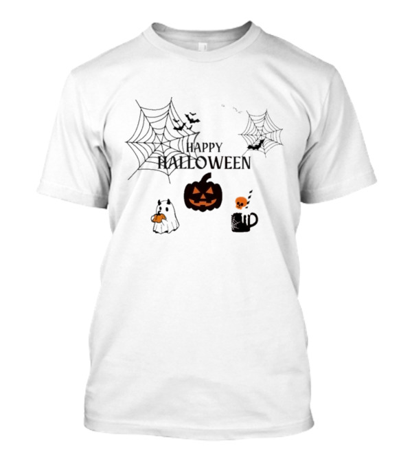 Happy Halloween Pumpkin Ghost With Spider Webs And Bats T-Shirt