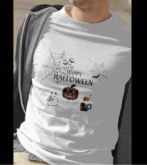 Happy Halloween Pumpkin Ghost With Spider Webs And Bats T-Shirt