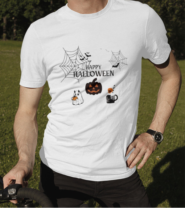 Happy Halloween Pumpkin Ghost With Spider Webs And Bats T-Shirt