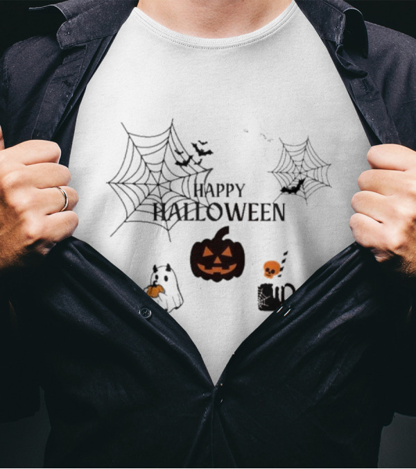 Happy Halloween Pumpkin Ghost With Spider Webs And Bats T-Shirt