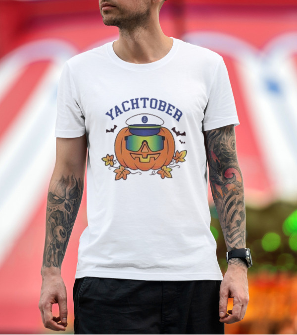 Premium T-Shirt: Yachtober Captain Pumpkin with Sunglasses and Bats T-Shirt Yachtober Captain Pumpkin with Sunglasses and Bats T-Shirt