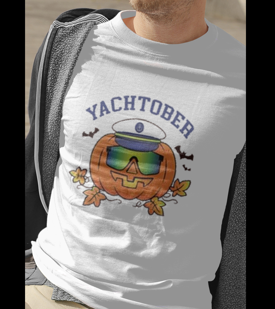 Yachtober Captain Pumpkin With Sunglasses And Bats T-Shirt