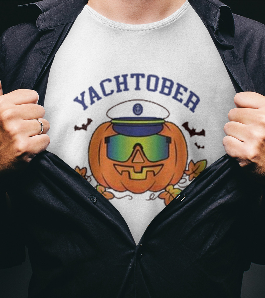 Yachtober Captain Pumpkin With Sunglasses And Bats T-Shirt