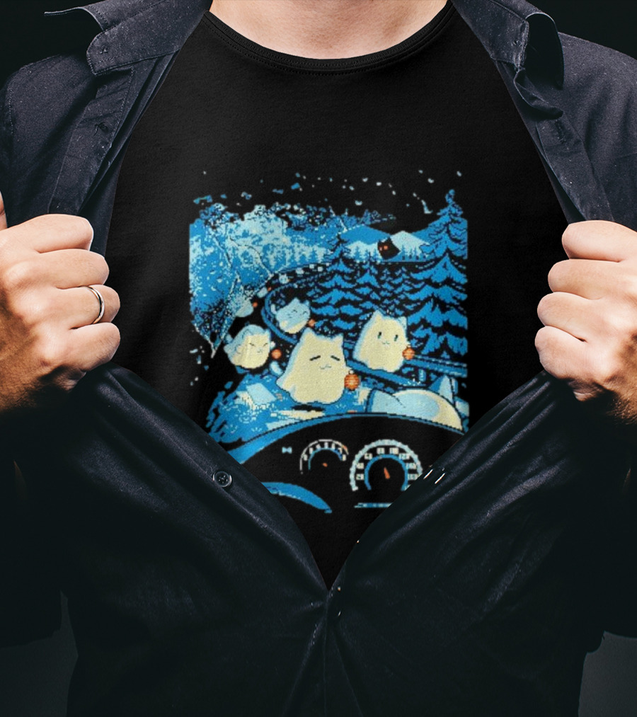 Haunted Road Pixel Art Ghost Cats Forest Adventure T-Shirt