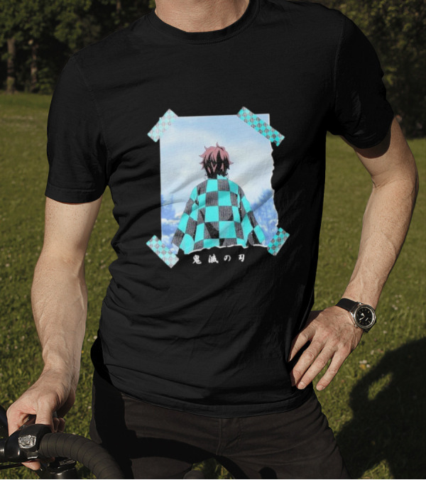 Demon Slayer Kimetsu No Yaiba Tanjiro Checkered Cloak Japanese Text UT Collection T-Shirt