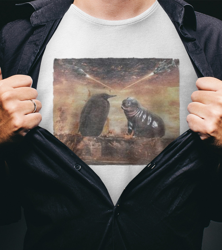 Baby Pesto Penguin Standoff With Moo Deng Amidst Battling Spaceships T-Shirt