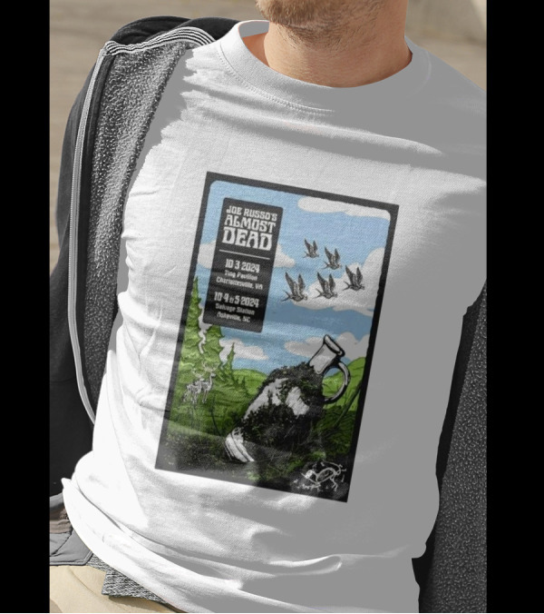 Joe Russo’s Almost Dead Oct 03 2024 Charlottesville VA Ting Pavilion Deer Birds Jug Tree Field Sky T-Shirt
