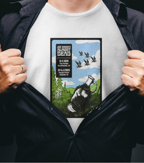 Joe Russo’s Almost Dead Oct 03 2024 Charlottesville VA Ting Pavilion Deer Birds Jug Tree Field Sky T-Shirt