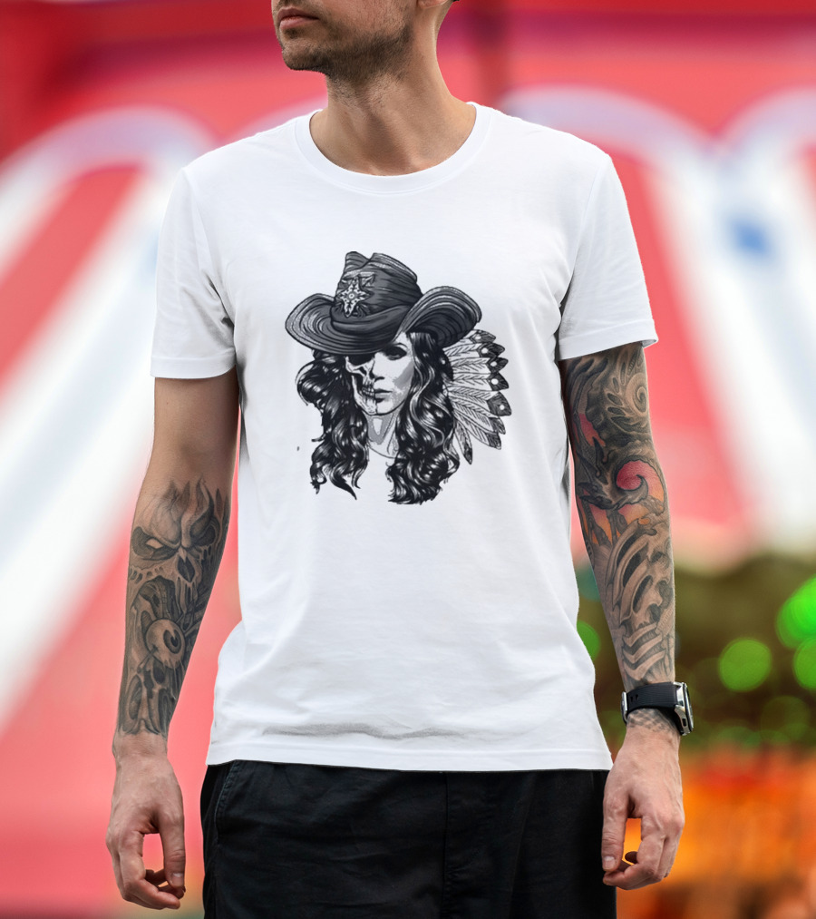 Mickie James Ghost Rider Cowgirl Skull Feather Hat T-Shirt