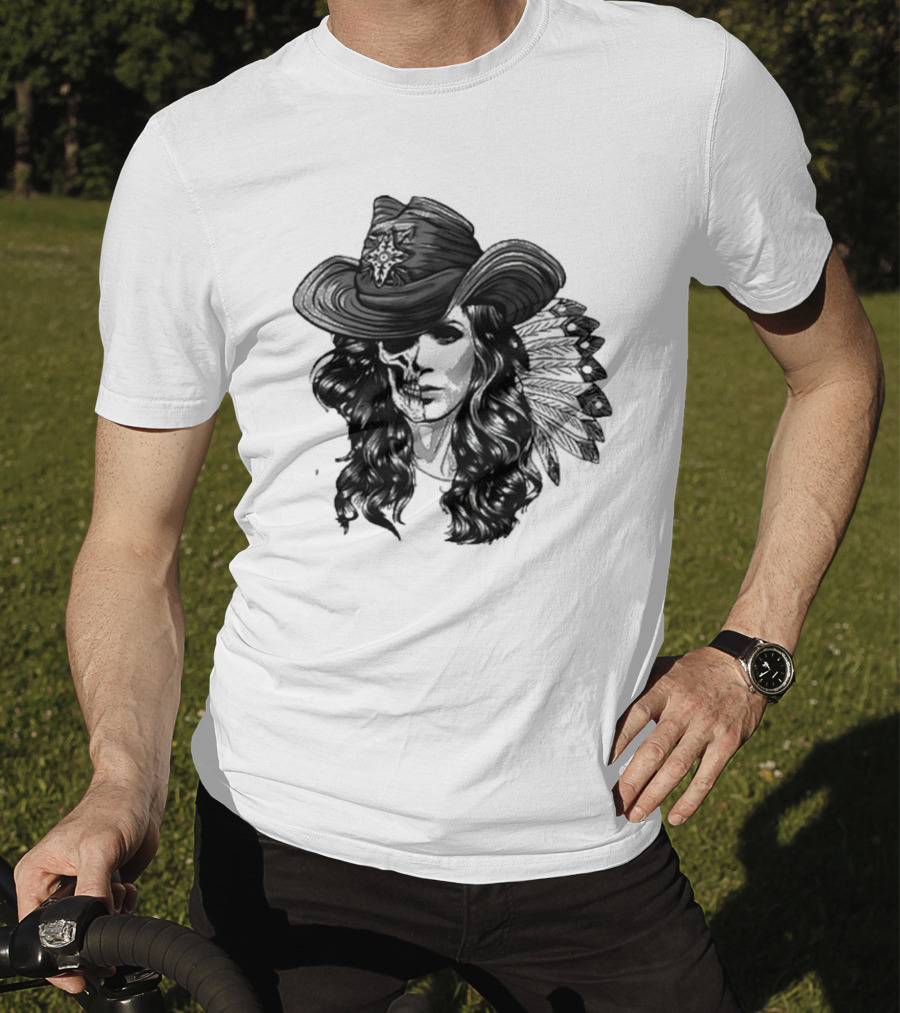 Mickie James Ghost Rider Cowgirl Skull Feather Hat T-Shirt