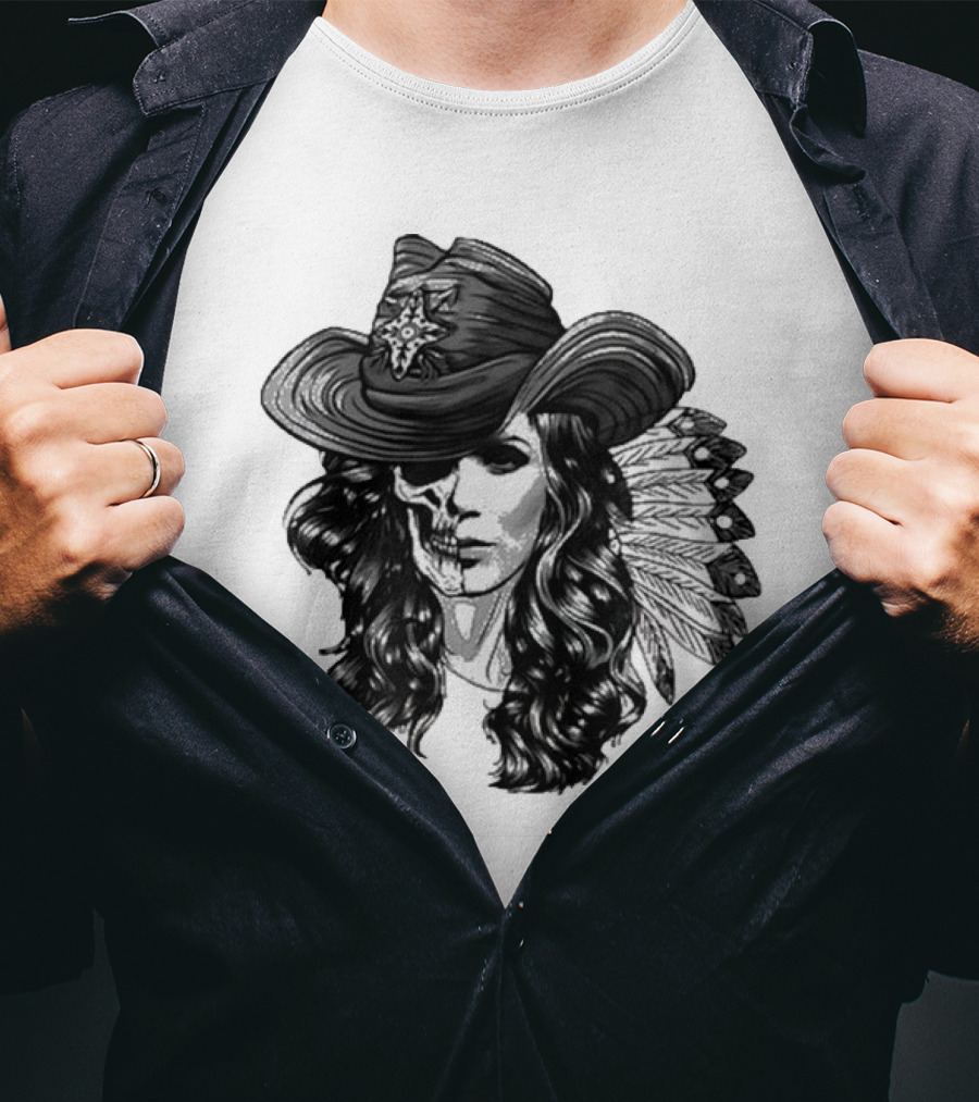Mickie James Ghost Rider Cowgirl Skull Feather Hat T-Shirt