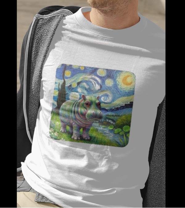 Moo Deng Cute Baby Hippo Van Gogh 2024 Starry Night T-Shirt