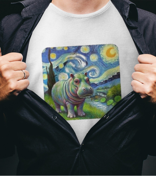 Moo Deng Cute Baby Hippo Van Gogh 2024 Starry Night T-Shirt