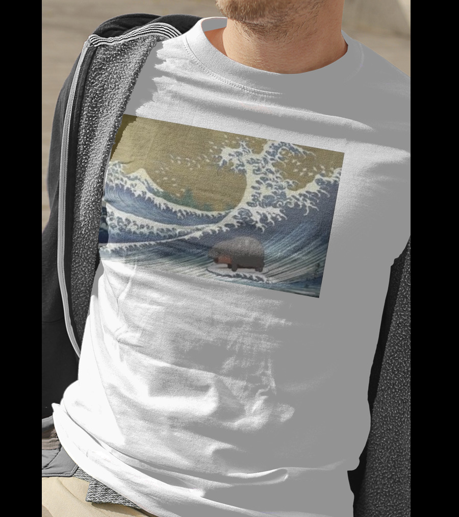 Moo Deng Surfing The Great Wave Off Kanagawa Hybrid T-Shirt