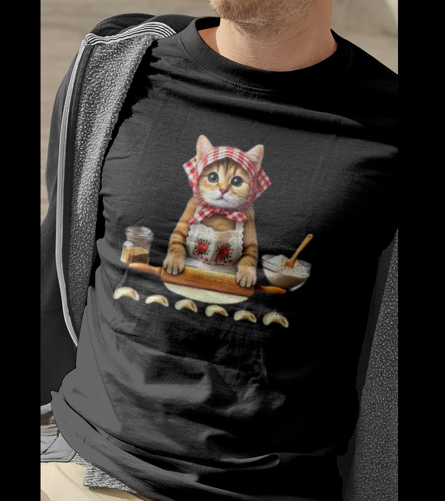 Cat Making Pierogi With Rolling Pin And Ingredients Polish T-Shirt