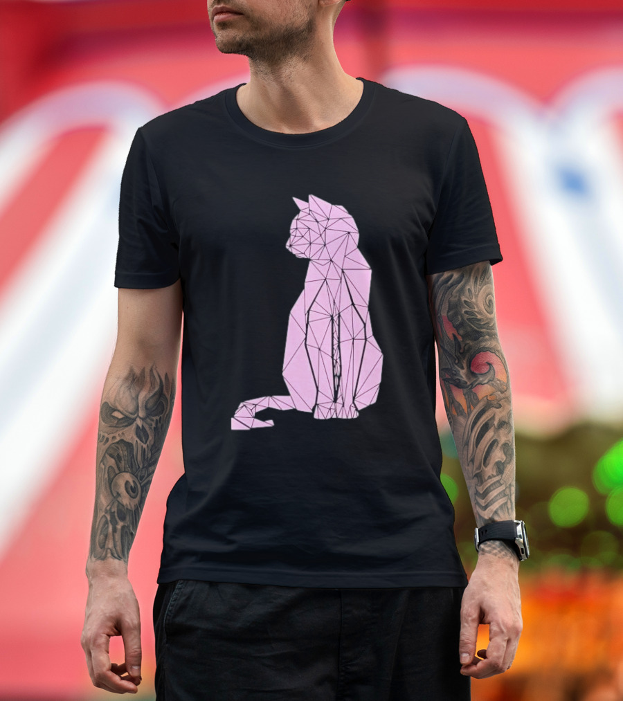 Geometric Cat Feline Pet Lover Minimalist Pink Line T-Shirt