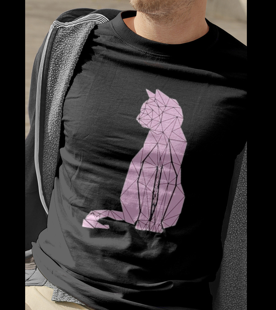 Geometric Cat Feline Pet Lover Minimalist Pink Line T-Shirt