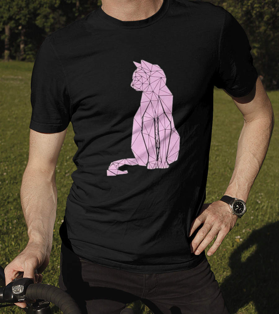 Geometric Cat Feline Pet Lover Minimalist Pink Line T-Shirt