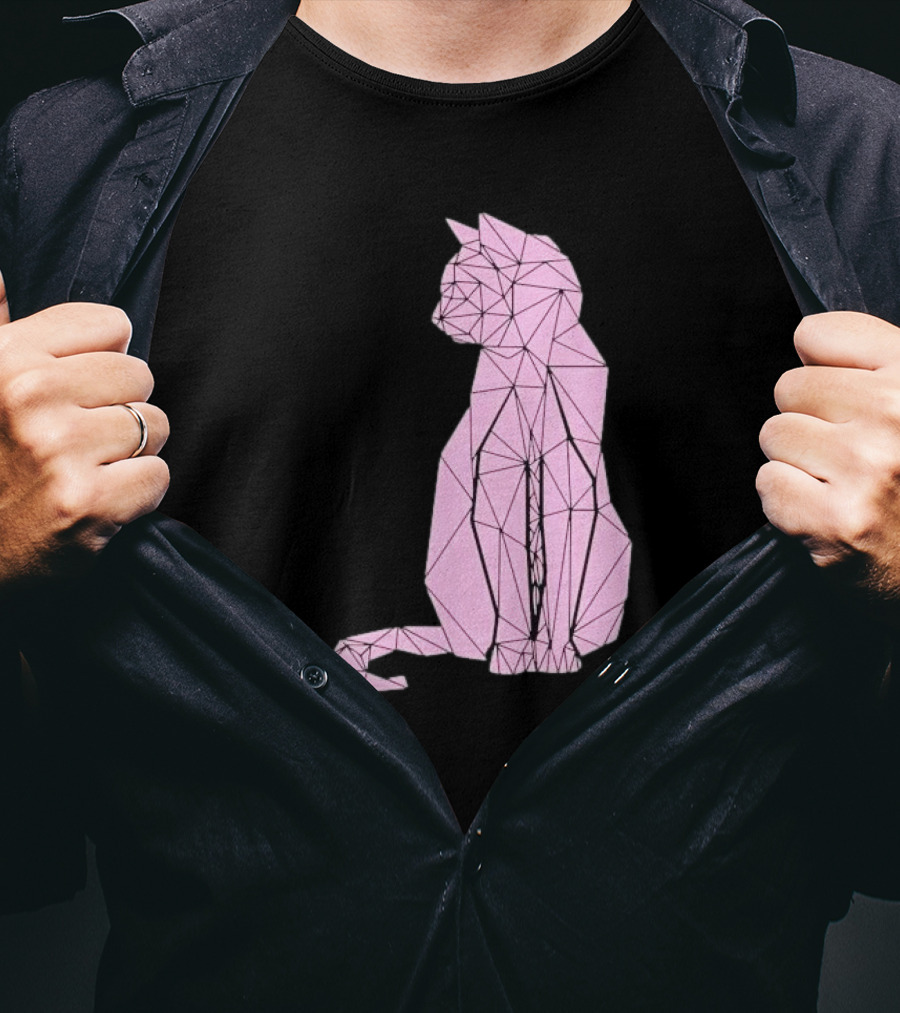 Geometric Cat Feline Pet Lover Minimalist Pink Line T-Shirt